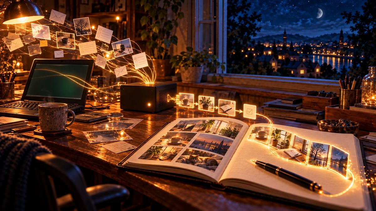 AI illustration: on a wooden desk at night, a small black box draws in a swirl of glowing envelopes, notes, and photos, then sends a tidy row of cards, one with a checkmark, into an open diary beside a pen and a cup of coffee.