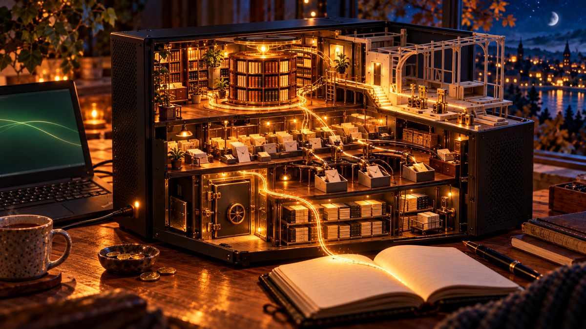 AI illustration: a cutaway of a black computer case on a desk at night, filled with tiny floors: a round library at the top, a mail-sorting room, a bank vault, shelves of filed boxes, and a glowing thread running down into an open diary; a laptop, a coffee cup, and a dish of coins sit nearby.