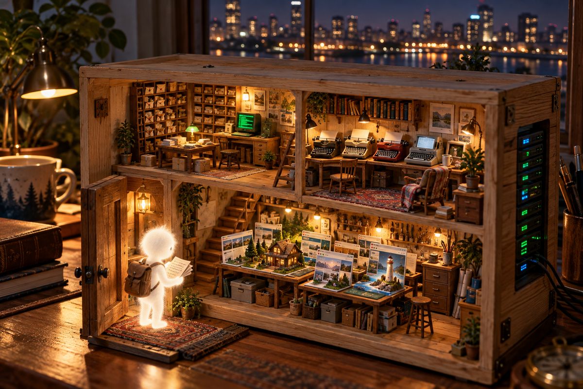 AI illustration: a wooden box on a desk at night, open in cutaway like a dollhouse, with a mail room and green-screen terminal upstairs, four typewriters in a row, a workshop of tiny model websites below, and server lights down its side; a small glowing figure with a backpack stands at the open door reading a note, a city skyline in the window.