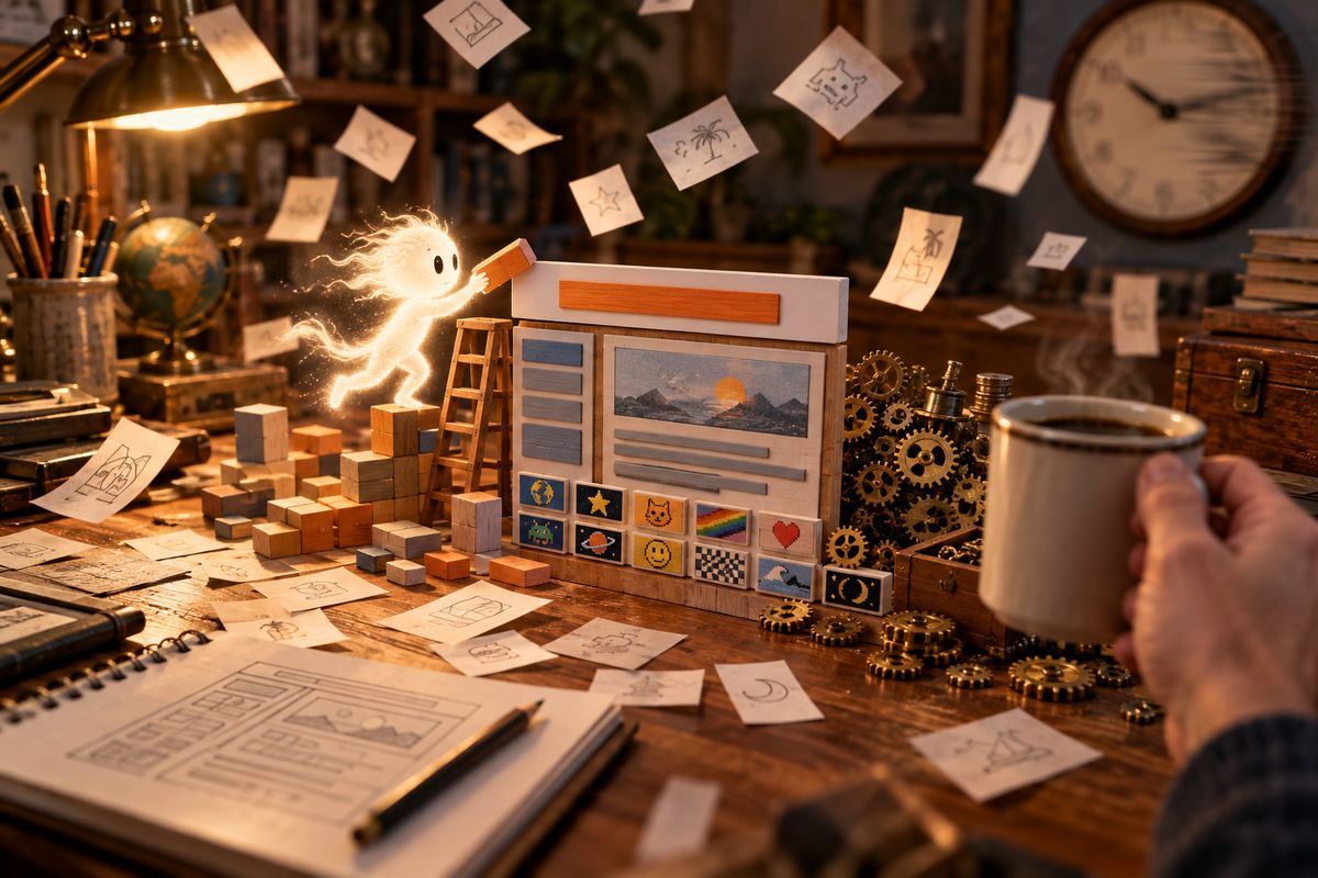AI illustration: a small glowing figure hauls a wooden block onto a miniature 2006-style website built of blocks, with an orange banner and a row of tiny badges, while paper notes rain down, brass gears pile up, and a man's hand raises a coffee mug in the foreground.