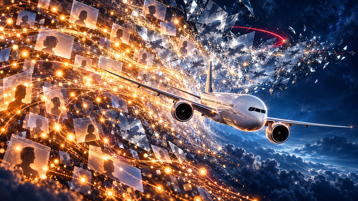 AI illustration: a twin-engine widebody jet banks through a night sky filled with glowing profile cards showing silhouettes of people and shards of mirror reflecting copies of the plane, while a red missile trail curves away behind it.
