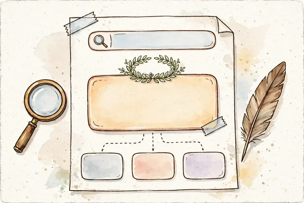Watercolor doodle: a search page whose big top answer wears a green laurel wreath, with three small source cards linked beneath it by dashed lines, a magnifying glass on the left and a feather quill on the right.