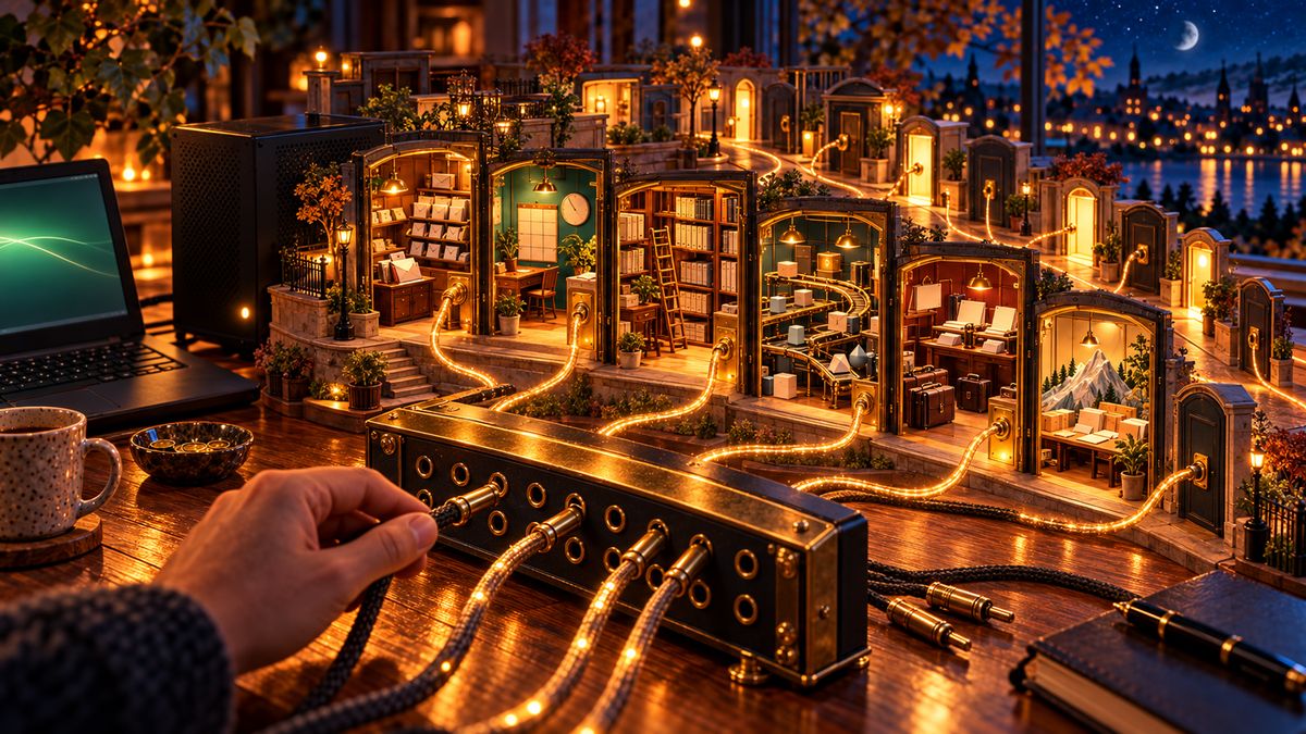 AI illustration: at night, a hand plugs glowing cables into an old brass switchboard on a desk; each cable runs to a tiny lit room behind its own doorway, a whole street of miniature rooms beside a laptop and a black computer case.