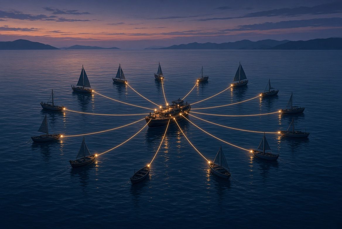 AI illustration: at dusk on a calm sea, one larger boat sits at the center with glowing lines running out to about twenty small sailboats and rowboats arranged in a ring around it.