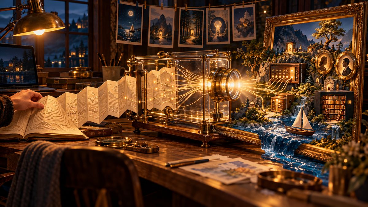 AI illustration: a hand turns the pages of a book whose pages unfold in a long ribbon into a brass and glass machine; its lens projects light into a framed miniature world with a switchboard, a library, two portrait portholes, a waterfall, and a sailboat, while earlier illustrations hang on a line above.