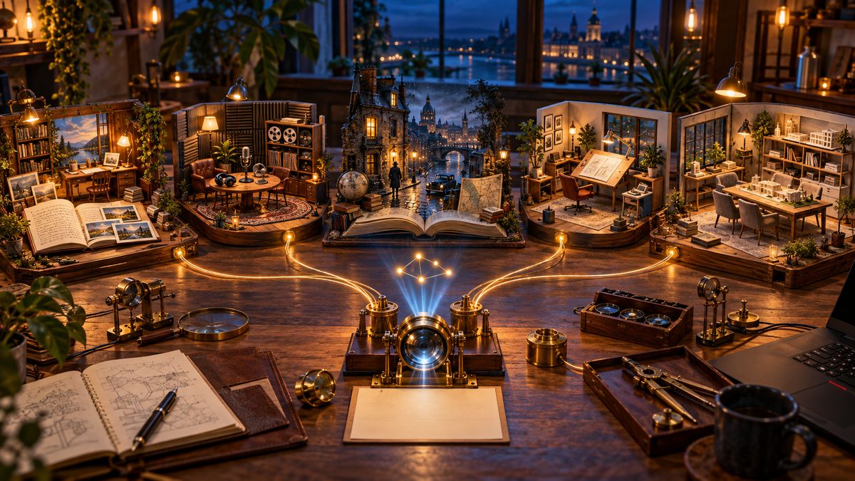 AI illustration: five miniature dioramas on a long desk at night, a writer's desk, a radio studio with a microphone and reel-to-reel, a noir street with a man in a trench coat rising out of an open book, a drafting office, and a conference room, all wired by glowing lines to a brass lens instrument in the center.