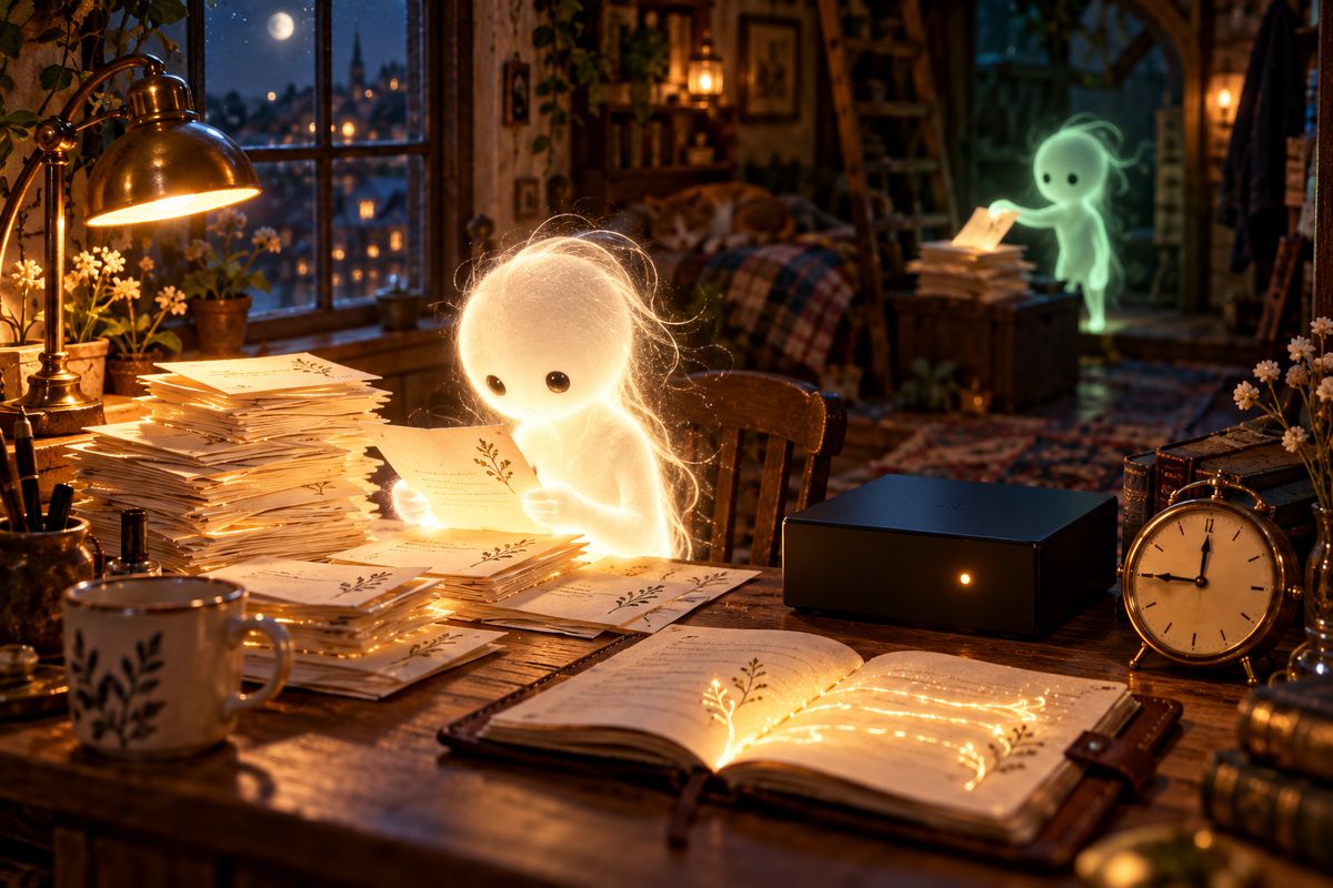 AI illustration: a small glowing white figure reads a pile of handwritten letters at a lamplit desk beside a black box with one amber light, an open diary whose page glows, and a clock at a quarter to midnight; behind it a green glowing figure adds a letter to another pile.