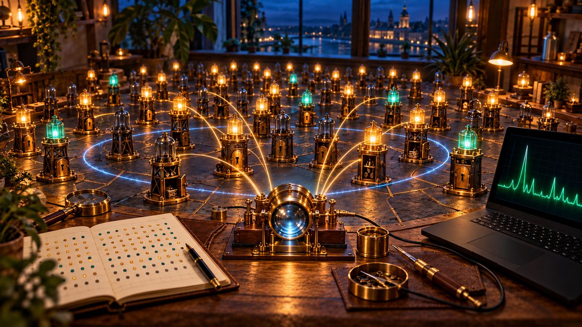 AI illustration: dozens of small brass beacons glow amber and green across a tabletop at night while a brass probe in the center sends arcs of light to them; a laptop shows a heartbeat line and an open notebook is filled with rows of colored dots.