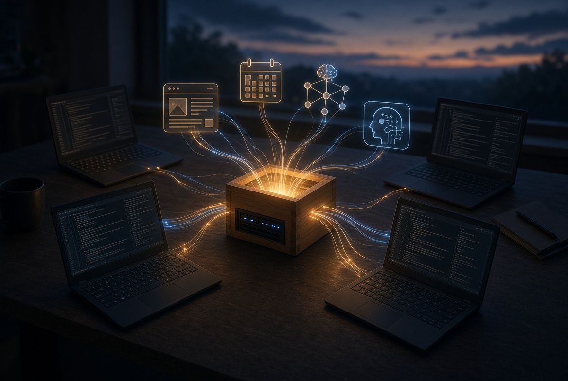 AI illustration: a small wooden box with server lights glows on a desk at dusk, threads of light running from it to four open laptops and up to floating icons of a web page, a calendar, a neural network, and an AI head.