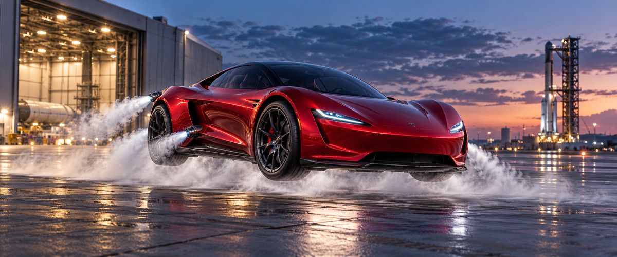 AI illustration: a red Roadster-style car hovering just above a wet launch apron at dusk, white jets firing from nozzles near its rear wheels, a hangar on the left and a rocket on a pad behind it.