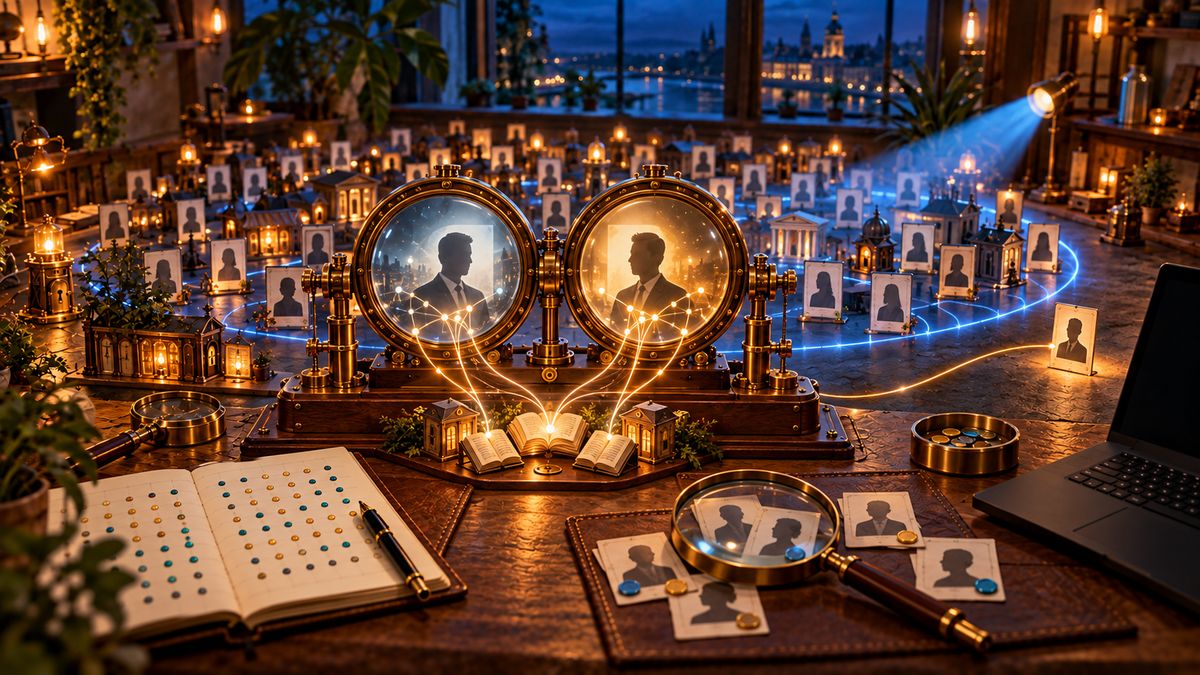 AI illustration: two round brass portholes on a desk show the same man's silhouette, surrounded by a crowd of small portrait cards of other people; a magnifying glass rests on more cards beside a few coins and an open notebook of colored dots.