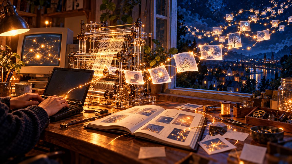 AI illustration: at night, hands type on a black laptop beside an old CRT monitor while a glowing loom weaves a ribbon of picture cards that streams out an open window over a sleeping town; an open notebook of images lies on the desk.